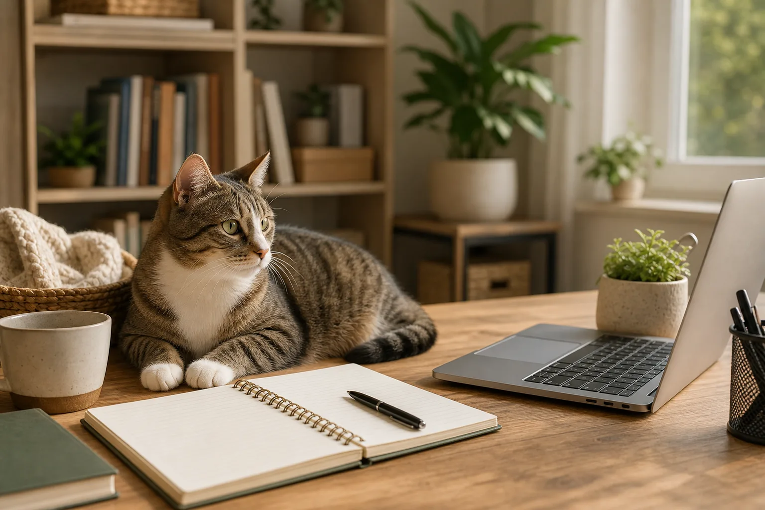 A calm blue-gray Russian Blue cat beside notebooks in a warm editorial workspace