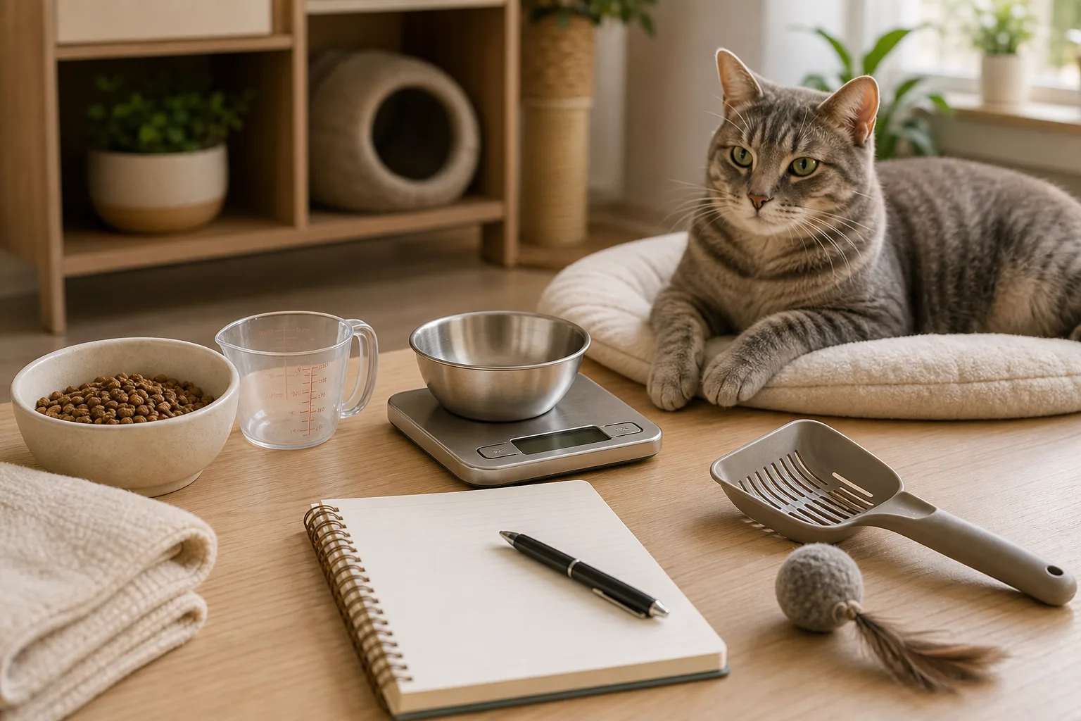 Warm editorial image of cat care tools and a seal point Siamese cat